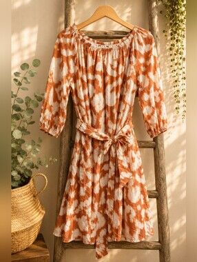 Elizabeth and James Cotton Off Shoulder Dress Small Batik Print Belted